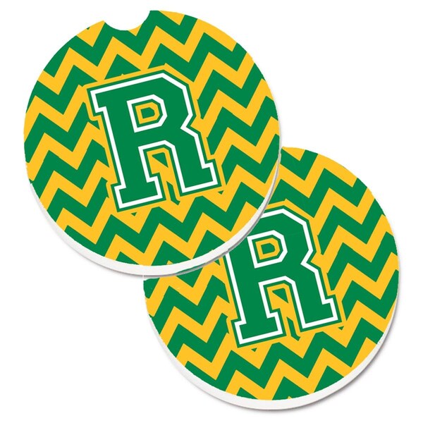 Carolines Treasures Letter R Chevron Green and Gold Set of 2 Cup Holder Car Coaster CJ1059-RCARC - main